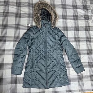 Eddie Bauer Down Puffer Long Jacket Womens XS Hooded Faux Fur Trim.